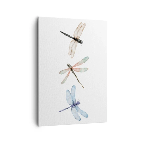Bild auf Leinwand - Leinwandbild - Drei Libellen in zarten Pastellfarben - 50x70cm - Schwerelose Libellen - Moderne Wanddekoration für Wohnzimmer und Schlafzimmer ARTTOR