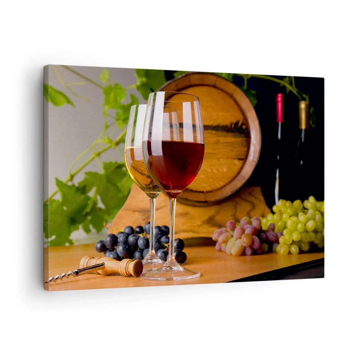 Bild auf Leinwand - Leinwandbild - Gläser Wein mit Trauben, ein Fass und Flaschen auf einem Holztisch - 70x50cm - Wie die alten Meister - Moderne Wanddekoration für Wohnzimmer und Schlafzimmer ARTTOR