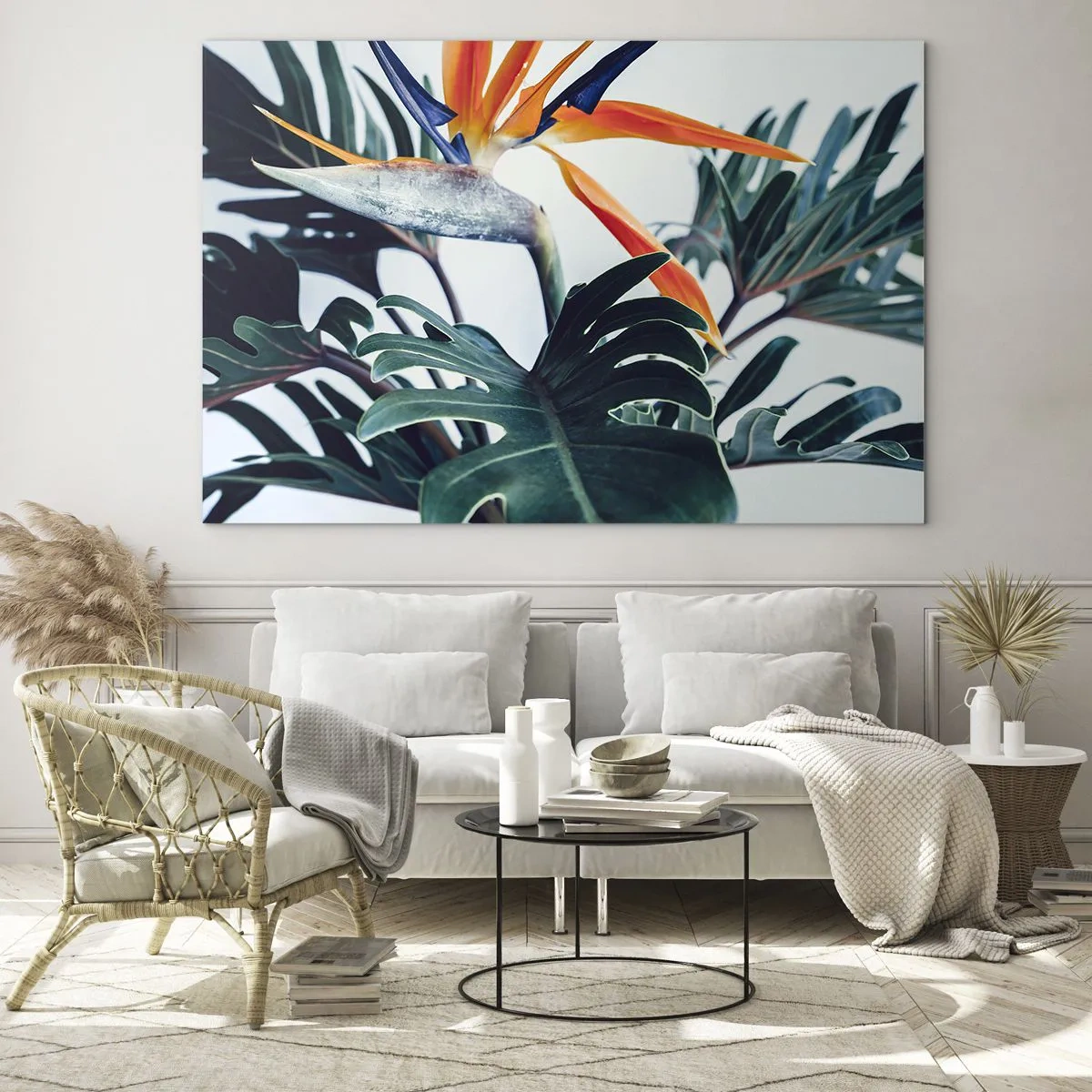 Glasbild - Bild auf glas - Exotische Pflanze mit Paradiesvogelblume - 100x70cm - Vogelbusch - Moderne Wanddekoration für Wohnzimmer und Schlafzimmer ARTTOR