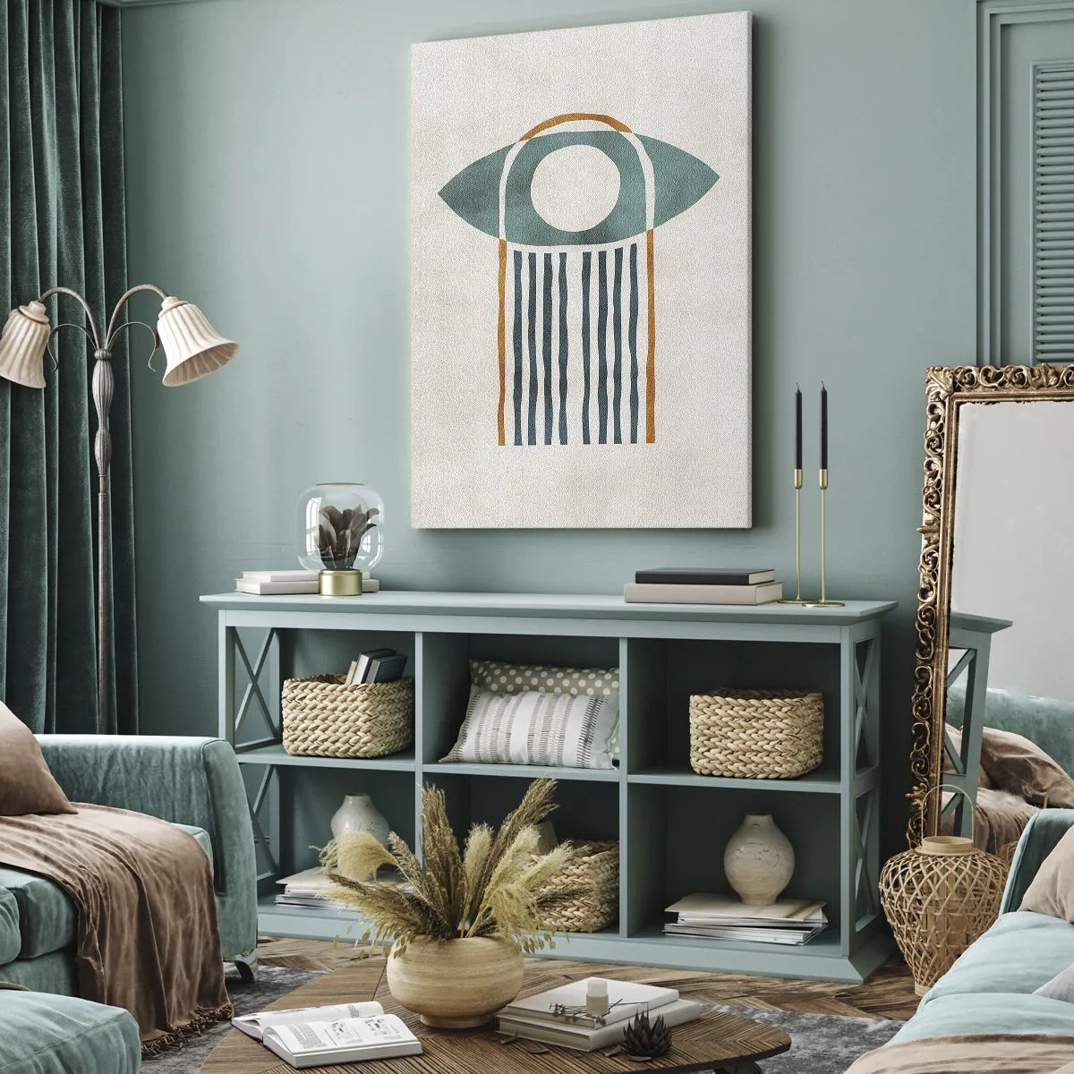 Bild auf Leinwand - Leinwandbild - Geometrisches Muster in Grün- und Orangetönen - 50x70cm - Zeichen und Rituale - Moderne Wanddekoration für Wohnzimmer und Schlafzimmer ARTTOR