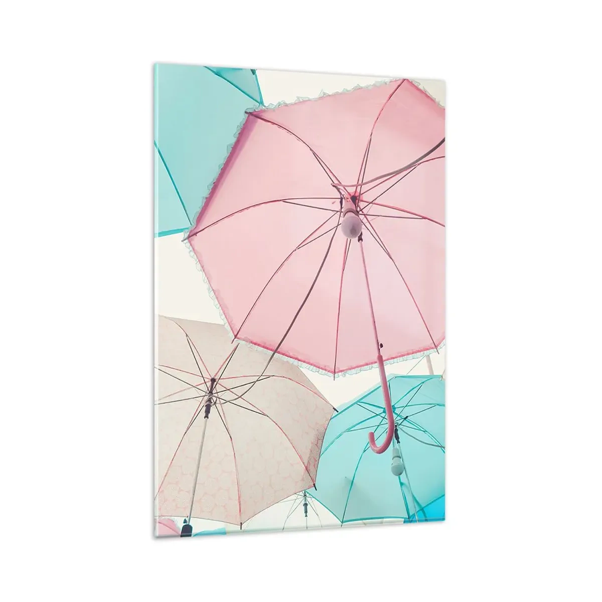 Glasbild - Bild auf glas - Pastellfarbene Regenschirme vor einem hellen Himmel - 80x120cm - Mal Sonne, mal Regen - Moderne Wanddekoration für Wohnzimmer und Schlafzimmer ARTTOR
