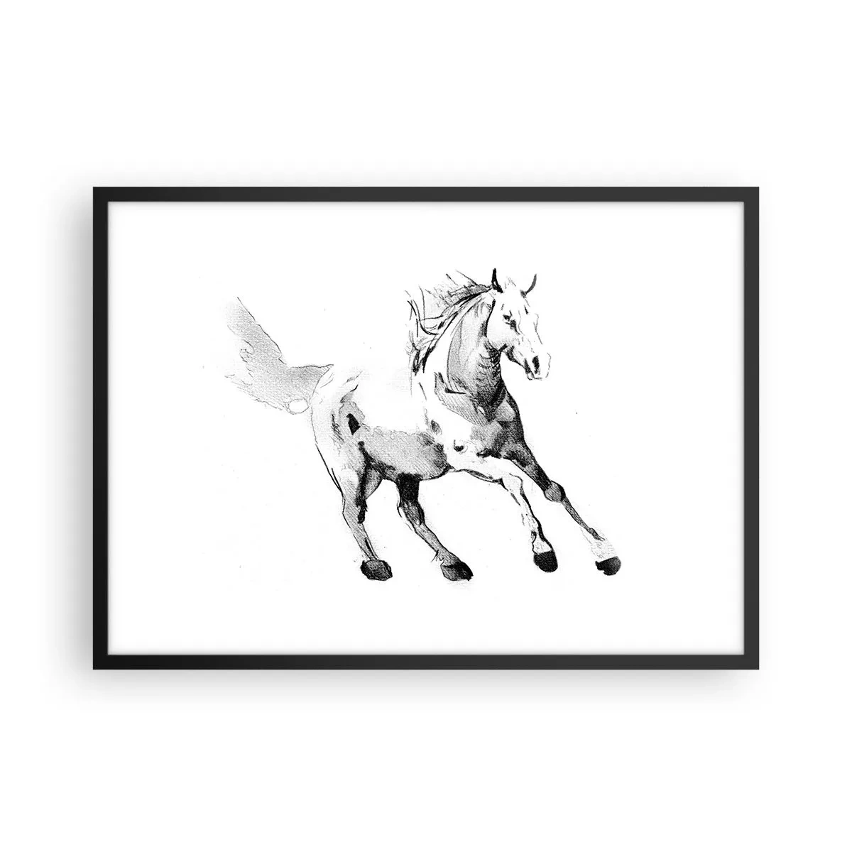 Poster in einem schwarzem Rahmen - Skizze eines galoppierenden Pferdes in Schwarz-Weiß-Tönen - 70x50cm - Ungezähmte Seele - Moderne Wanddekoration für Wohnzimmer und Schlafzimmer ARTTOR