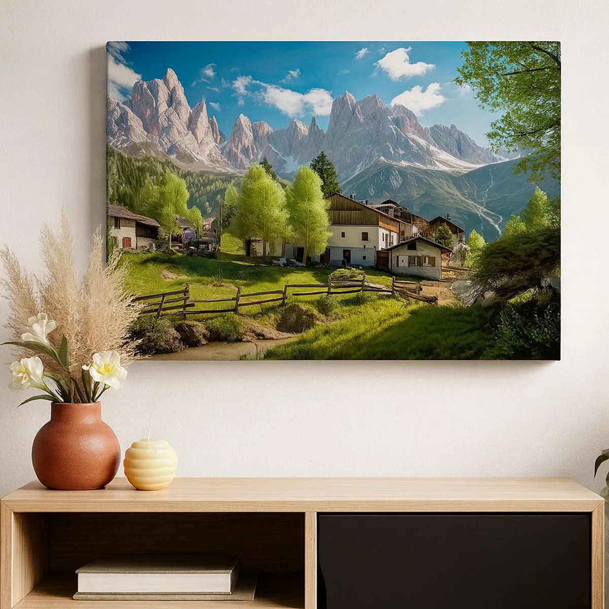 Bild auf Leinwand - Leinwandbild - Ein Bergdorf mit Häusern und Blick auf die Alpen - 70x50cm - Alpenidylle - Moderne Wanddekoration für Wohnzimmer und Schlafzimmer ARTTOR