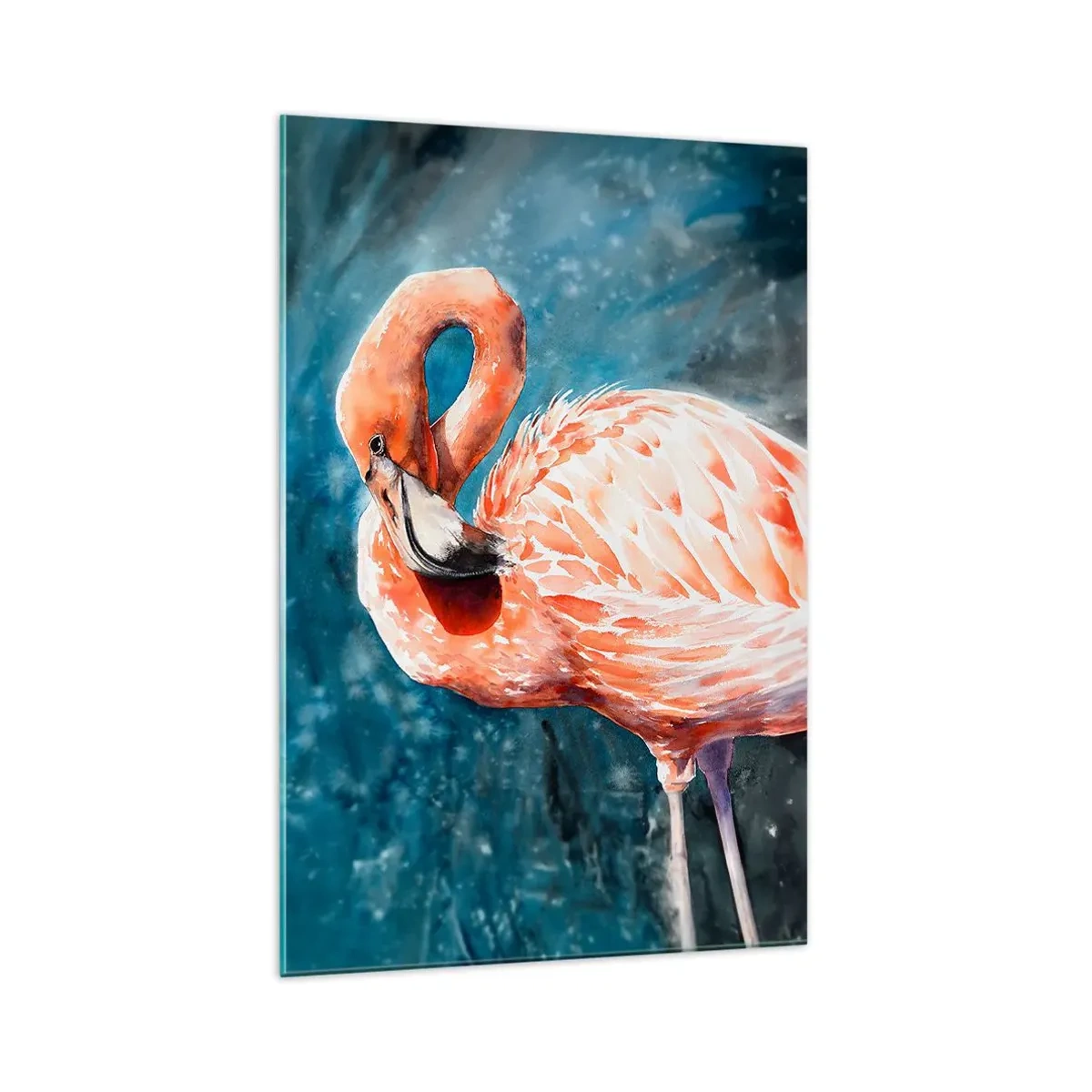Glasbild - Bild auf glas - Ein rosa Flamingo auf einem aquarellblauen Hintergrund - 70x100cm - Von Natur aus dekorativ - Moderne Wanddekoration für Wohnzimmer und Schlafzimmer ARTTOR