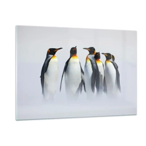 Glasbild - Bild auf glas - Eine Gruppe Pinguine in einer Winterlandschaft - 120x80cm - Treffen in Abendkleidern - Moderne Wanddekoration für Wohnzimmer und Schlafzimmer ARTTOR