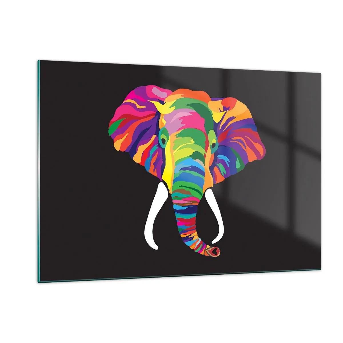 Glasbild - Bild auf glas - Ein bunter Elefant auf schwarzem Hintergrund im künstlerischen Stil - 120x80cm - Der Elefant, der es liebte, im Regenbogen zu baden - Moderne Wanddekoration für Wohnzimmer und Schlafzimmer ARTTOR
