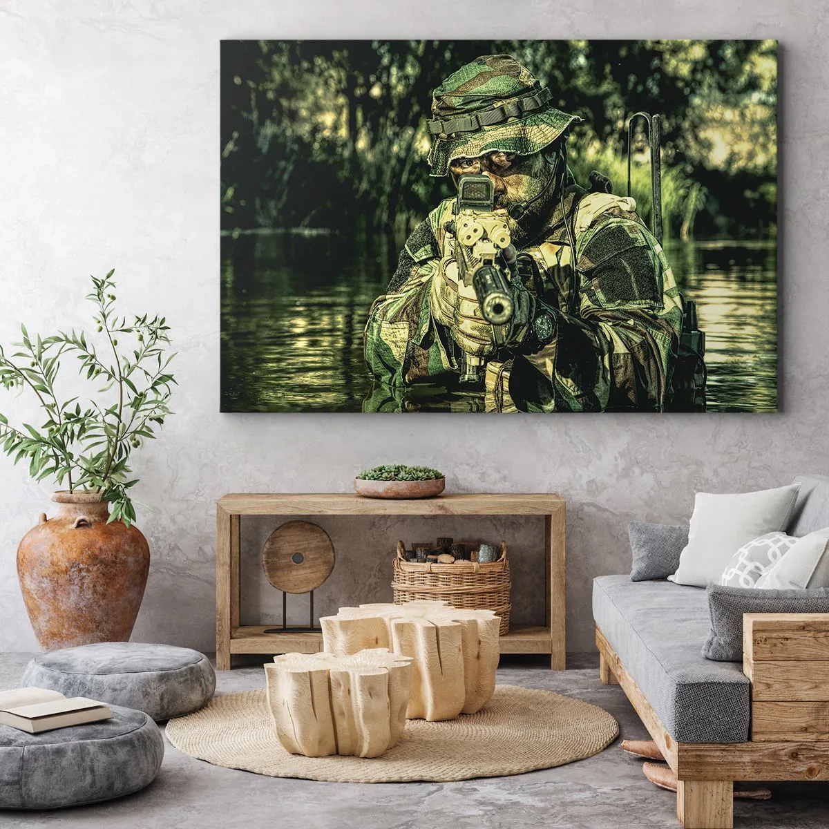 Bild auf Leinwand - Leinwandbild - Ein Soldat in Tarnkleidung zielt durch das Wasser. - 70x50cm - Das Beste vom Besten - Moderne Wanddekoration für Wohnzimmer und Schlafzimmer ARTTOR
