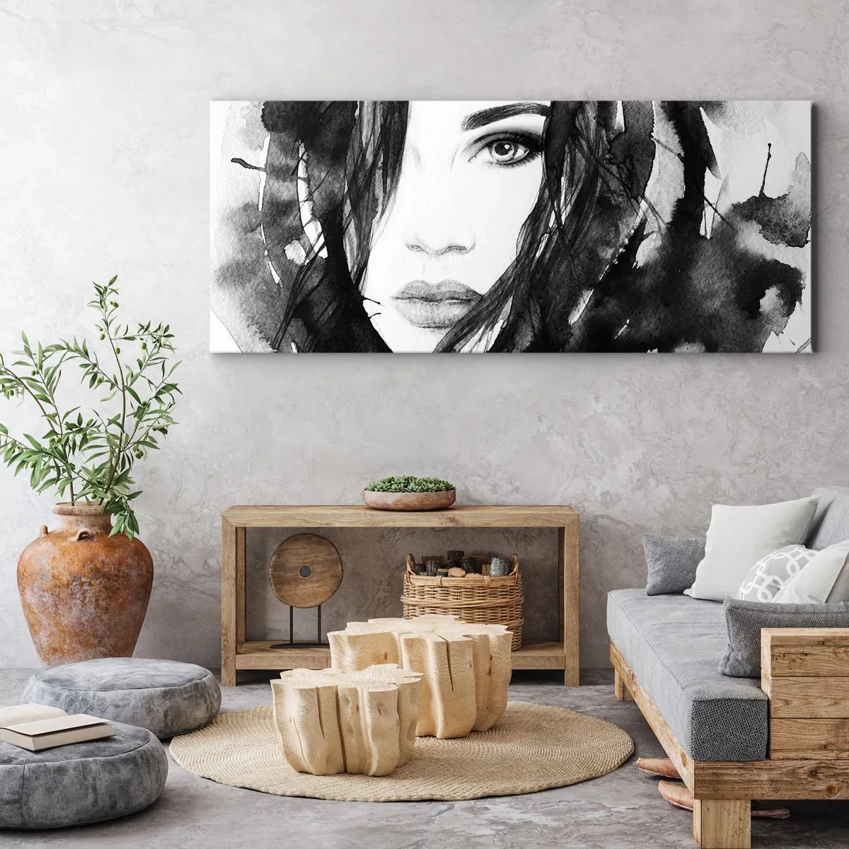 Bild auf Leinwand - Leinwandbild - Porträt einer Frau in Schwarz-Weiß-Aquarell - 140x50cm - Porträt einer Dame in Schwarzweiß - Moderne Wanddekoration für Wohnzimmer und Schlafzimmer ARTTOR