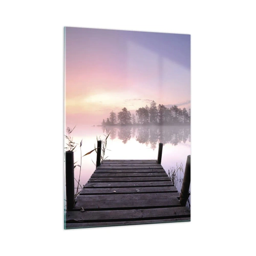 Glasbild - Bild auf glas - Ein Pier bei Sonnenaufgang über einem ruhigen See - 50x70cm - Aus dem lila Nebel ... - Moderne Wanddekoration für Wohnzimmer und Schlafzimmer ARTTOR