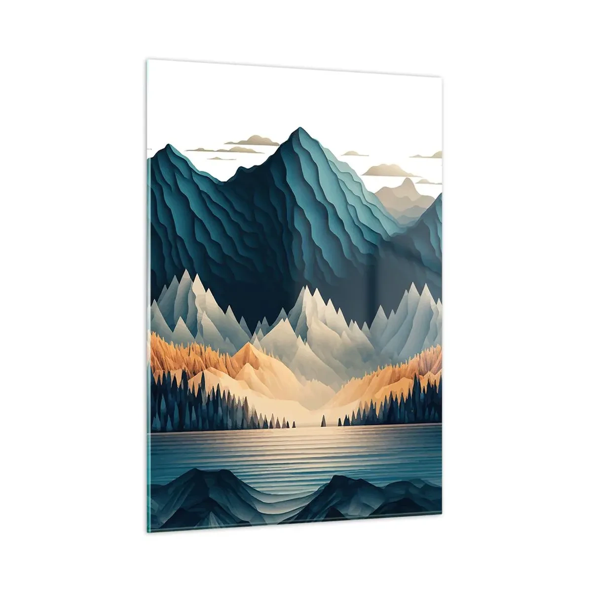 Glasbild - Bild auf glas - Stilisierte Berglandschaft mit Wald und See - 50x70cm - Perfekte Berglandschaft - Moderne Wanddekoration für Wohnzimmer und Schlafzimmer ARTTOR