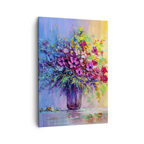 Bild auf Leinwand - Leinwandbild - Ein bunter Blumenstrauß in einer Vase vor einem Hintergrund mit Farbverlauf - 50x70cm - Sommergeschenk der Wiese - Moderne Wanddekoration für Wohnzimmer und Schlafzimmer ARTTOR