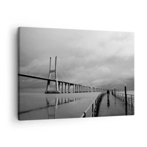 Bild auf Leinwand - Leinwandbild - Eine Hängebrücke über dem Wasser in Schwarz und Weiß - 70x50cm - Jedem das Verdiente - Moderne Wanddekoration für Wohnzimmer und Schlafzimmer ARTTOR