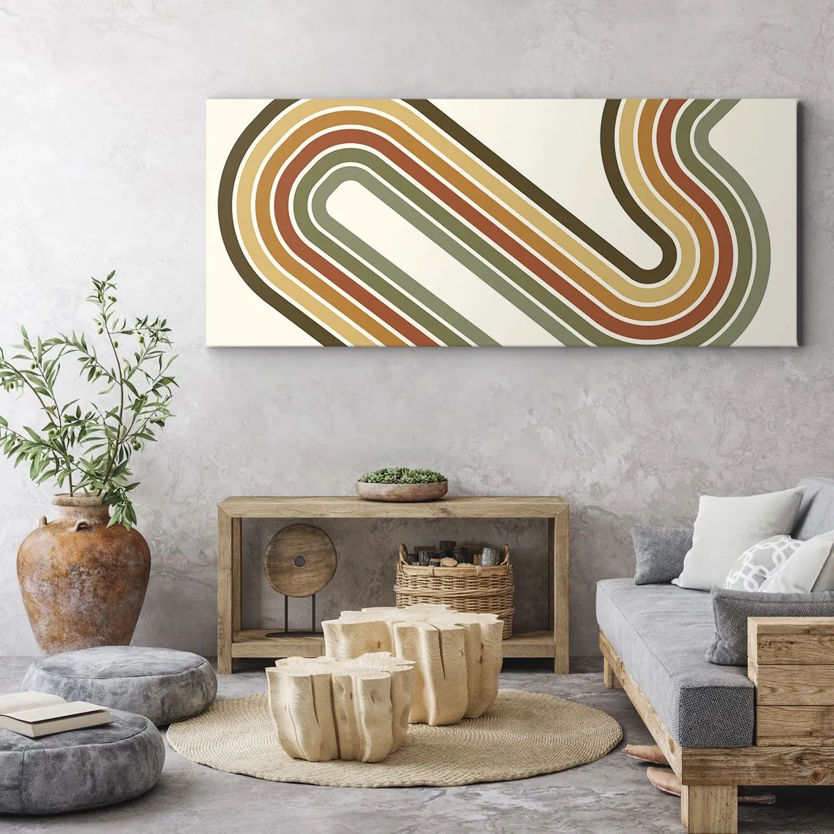 Bild auf Leinwand - Leinwandbild - Geometrisches Muster in Grün-, Orange- und Beigetönen auf hellem Hintergrund - 160x50cm - Zickzack zum Ziel - Moderne Wanddekoration für Wohnzimmer und Schlafzimmer ARTTOR