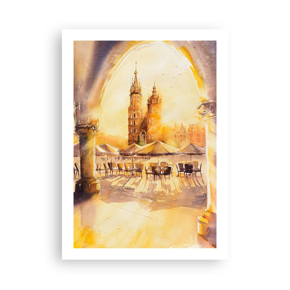 Poster - Ein Aquarell, das den Krakauer Marktplatz bei Sonnenuntergang zeigt. - 50x70cm - Östlich über dem Krakauer Marktplatz - Moderne Wanddekoration für Wohnzimmer und Schlafzimmer ARTTOR
