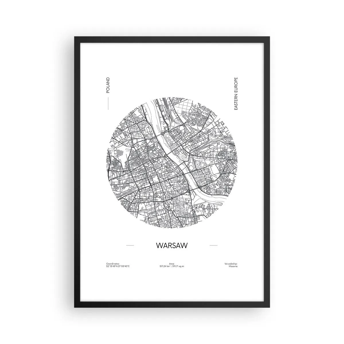 Poster in einem schwarzem Rahmen - Minimalistische Karte von Warschau in einem Kreis - 50x70cm - Anatomie von Warschau - Moderne Wanddekoration für Wohnzimmer und Schlafzimmer ARTTOR