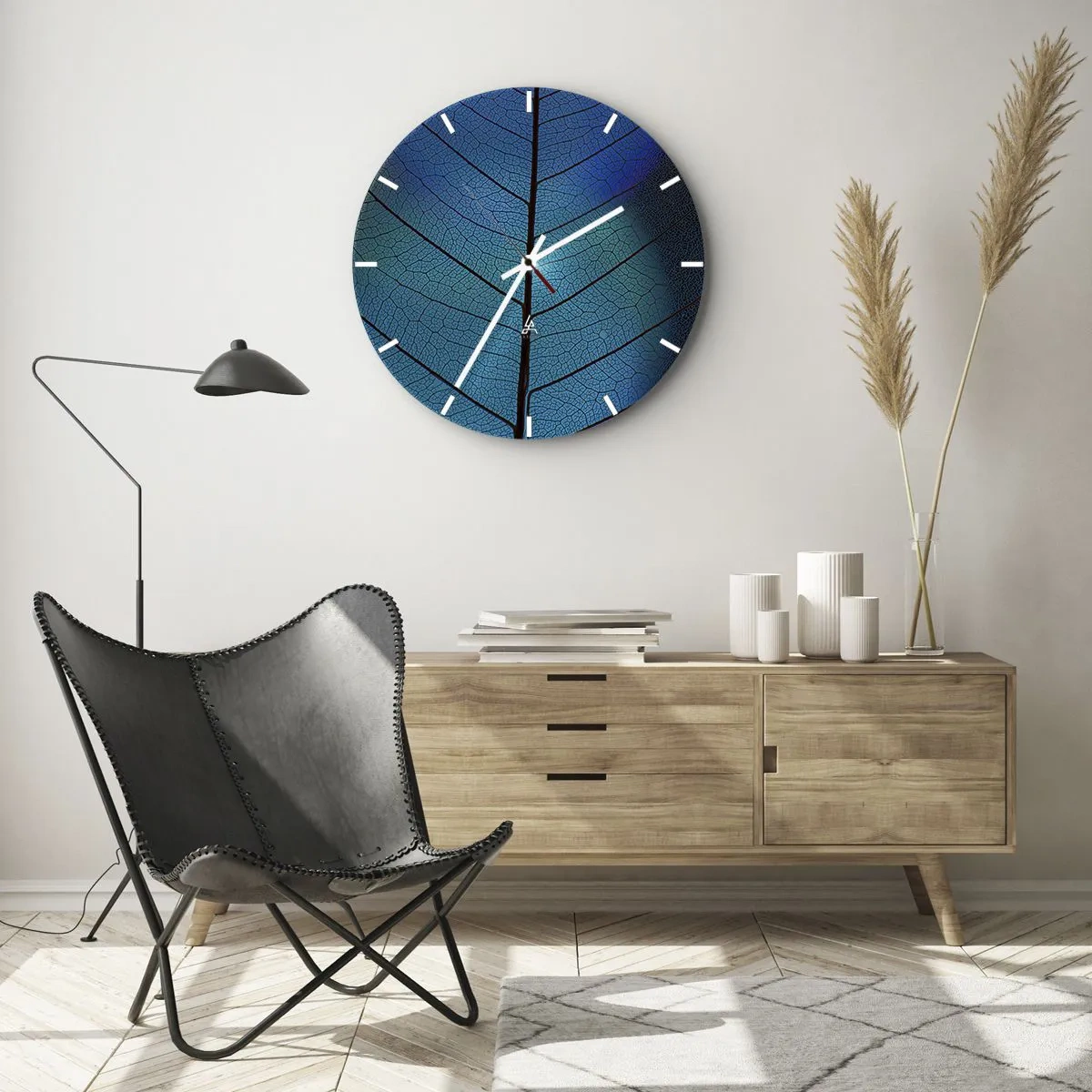Wanduhr - Glasuhr - Nahaufnahme der Blattstruktur in Blau- und Schwarztönen - 30x30cm - Komplizierte Konstruktion - Moderne Wanddekoration für Wohnzimmer, Küche und Schlafzimmer ARTTOR