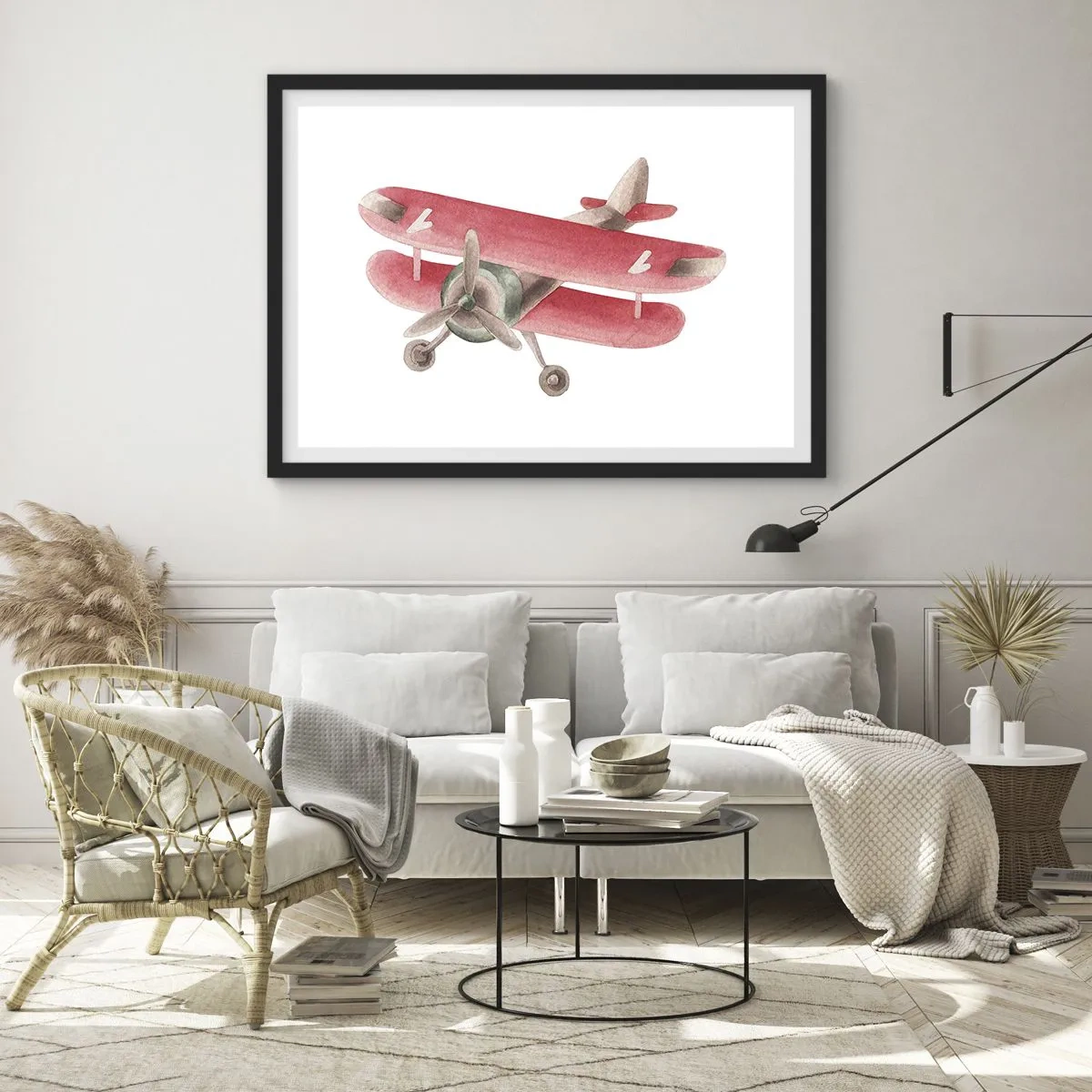 Poster in einem schwarzem Rahmen - Rotes Retro-Flugzeug auf weißem Hintergrund - 70x50cm - Bereit für Höhenflüge - Moderne Wanddekoration für Wohnzimmer und Schlafzimmer ARTTOR