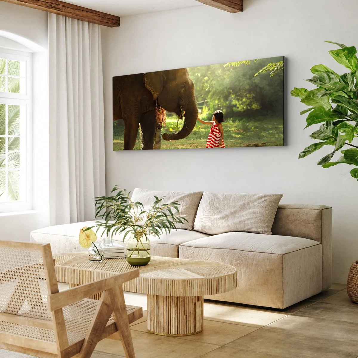 Bild auf Leinwand - Leinwandbild - Ein Mädchen in einem roten Kleid berührt einen Elefanten im Wald. - 120x50cm - Die Stärke der Freundschaft - Moderne Wanddekoration für Wohnzimmer und Schlafzimmer ARTTOR