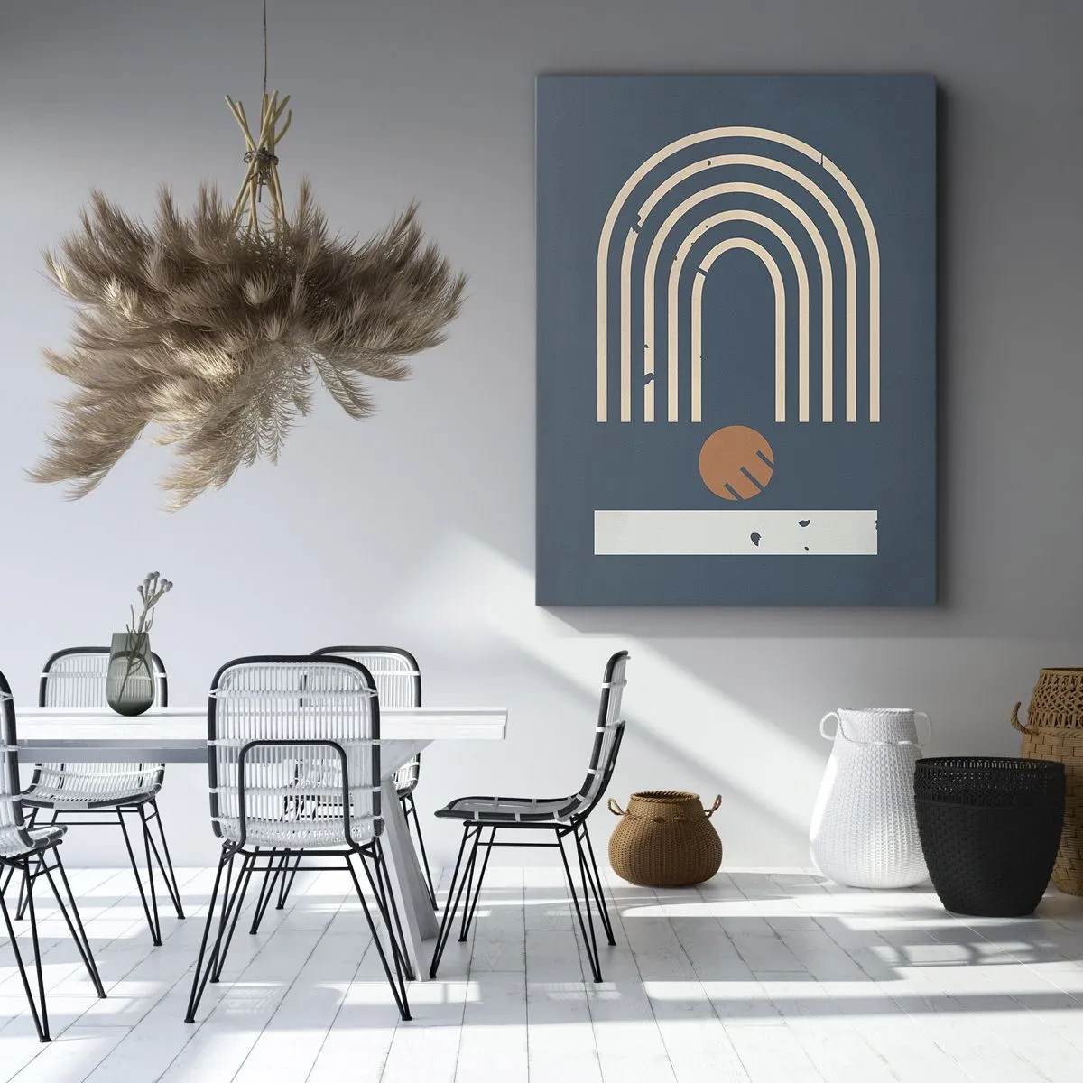 Bild auf Leinwand - Leinwandbild - Geometrisches Muster in Marineblau-, Beige- und Orangetönen auf dunklem Hintergrund - 80x120cm - Geometrie auf dem Granatapfel - Moderne Wanddekoration für Wohnzimmer und Schlafzimmer ARTTOR