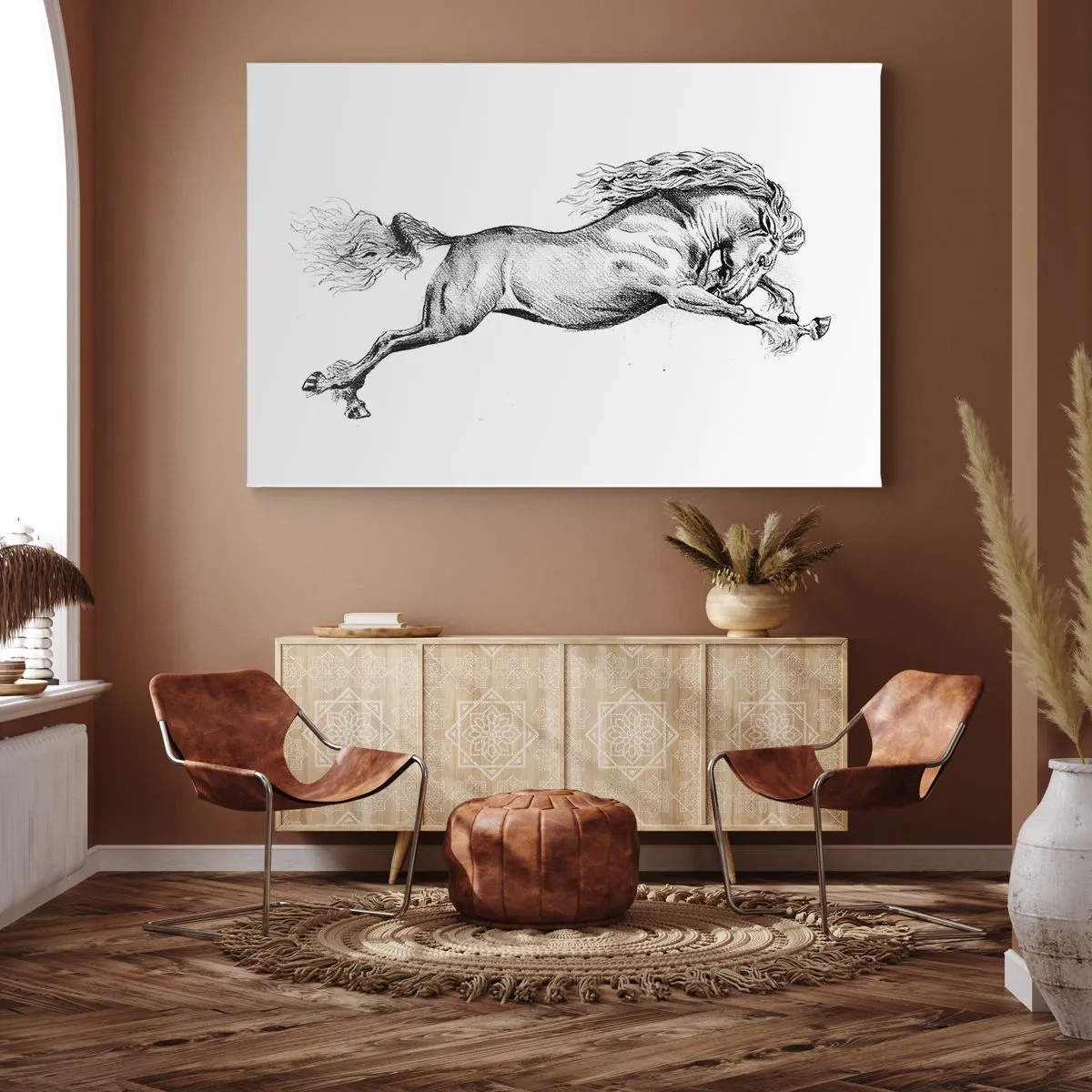 Bild auf Leinwand - Leinwandbild - Skizze eines Pferdes im dynamischen Galopp auf weißem Hintergrund - 70x50cm - Im Galopp festgehalten - Moderne Wanddekoration für Wohnzimmer und Schlafzimmer ARTTOR