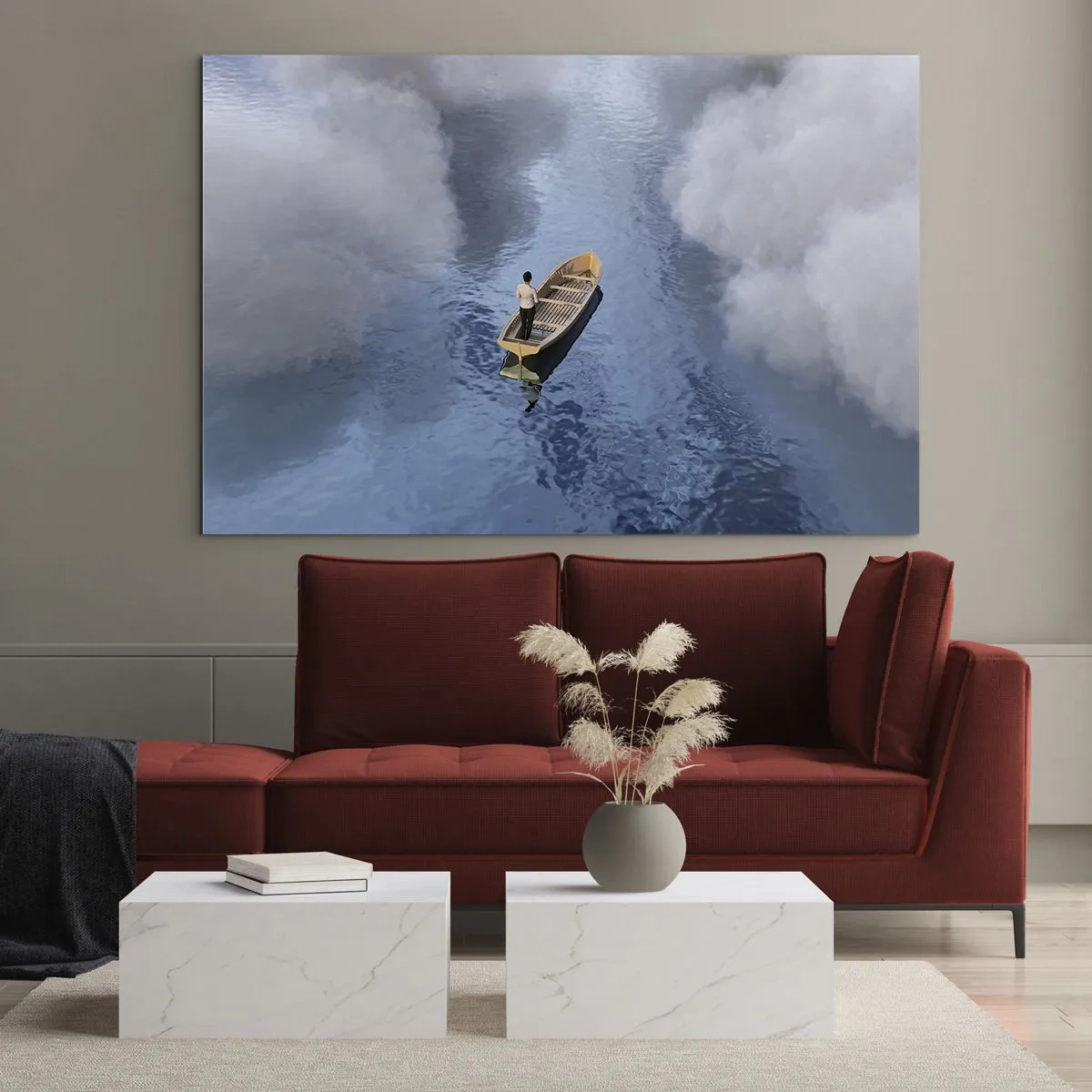 Glasbild - Bild auf glas - Ein Mann in einem Boot, das zwischen den Wolken durch das Wasser segelt - 70x50cm - Leben – Reise – unbekannt - Moderne Wanddekoration für Wohnzimmer und Schlafzimmer ARTTOR