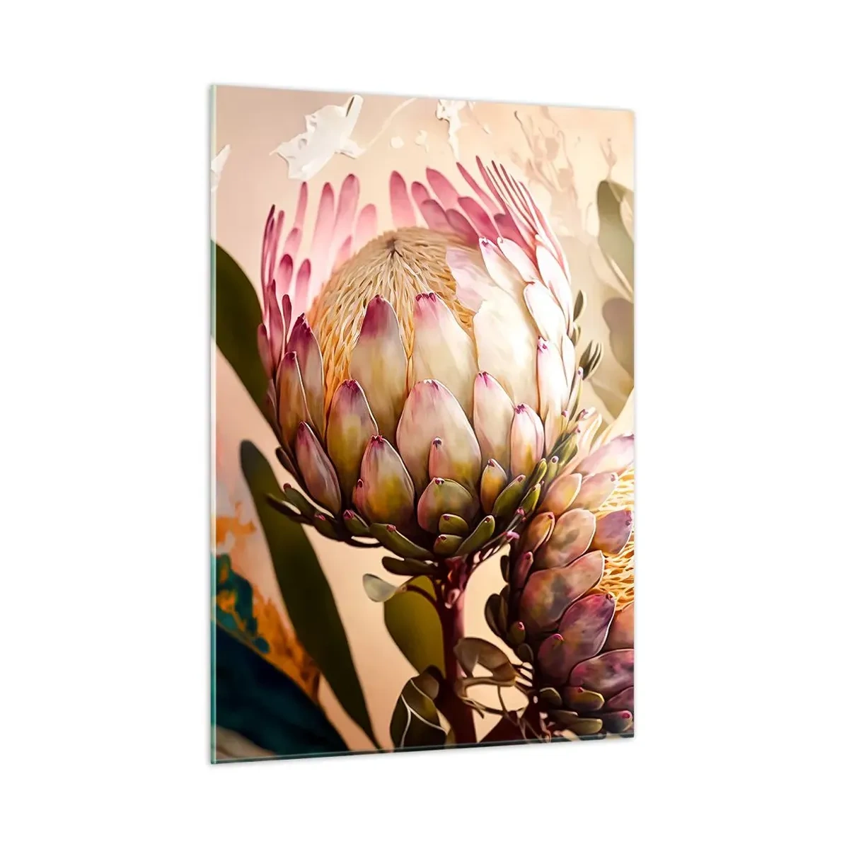 Glasbild - Bild auf glas - Protea-Blüten in warmen Tönen und sanftem Licht - 50x70cm - Zärtlich umarmt - Moderne Wanddekoration für Wohnzimmer und Schlafzimmer ARTTOR