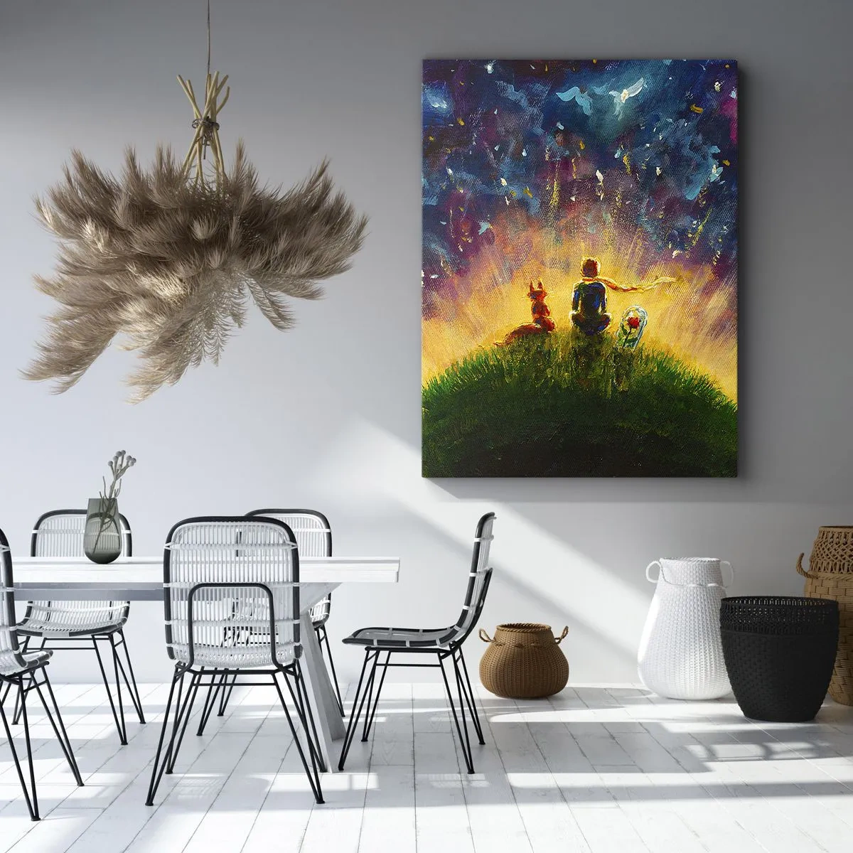 Bild auf Leinwand - Leinwandbild - Figuren auf einem grünen Hügel, umgeben von einem Sternenhimmel - 70x100cm - Liebe und Freundschaft - die ganze Welt - Moderne Wanddekoration für Wohnzimmer und Schlafzimmer ARTTOR