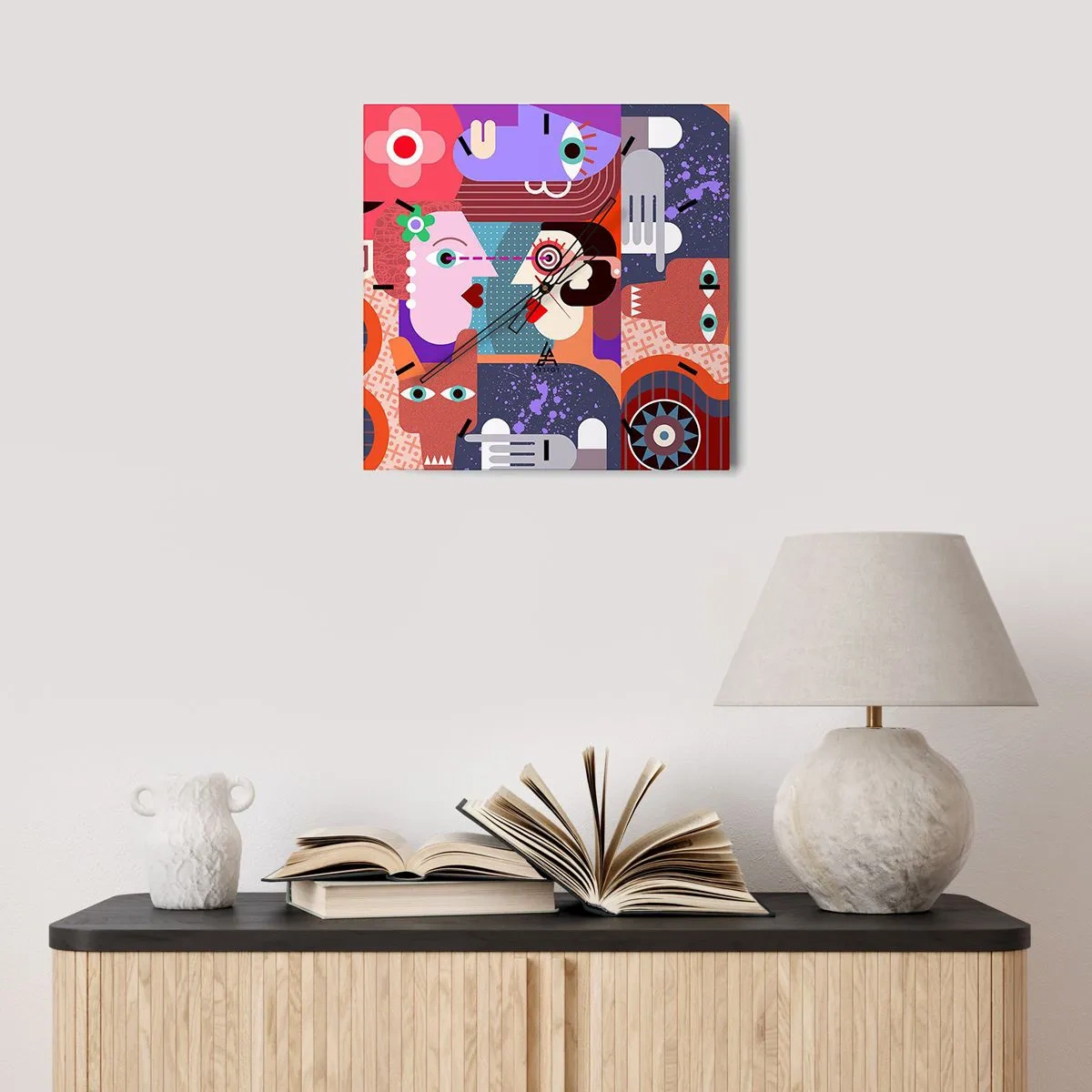 Wanduhr - Glasuhr - Abstrakte Figuren in lebendigen Farben - 30x30cm - Augenhöhe - Moderne Wanddekoration für Wohnzimmer und Schlafzimmer ARTTOR