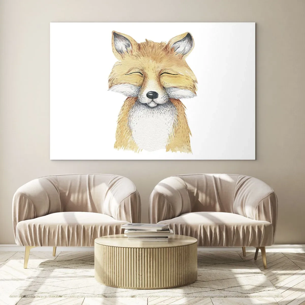 Glasbild - Bild auf glas - Ein süßer Fuchs mit geschlossenen Augen auf weißem Hintergrund - 70x50cm - Fuchsstimmungen - Moderne Wanddekoration für Wohnzimmer und Schlafzimmer ARTTOR