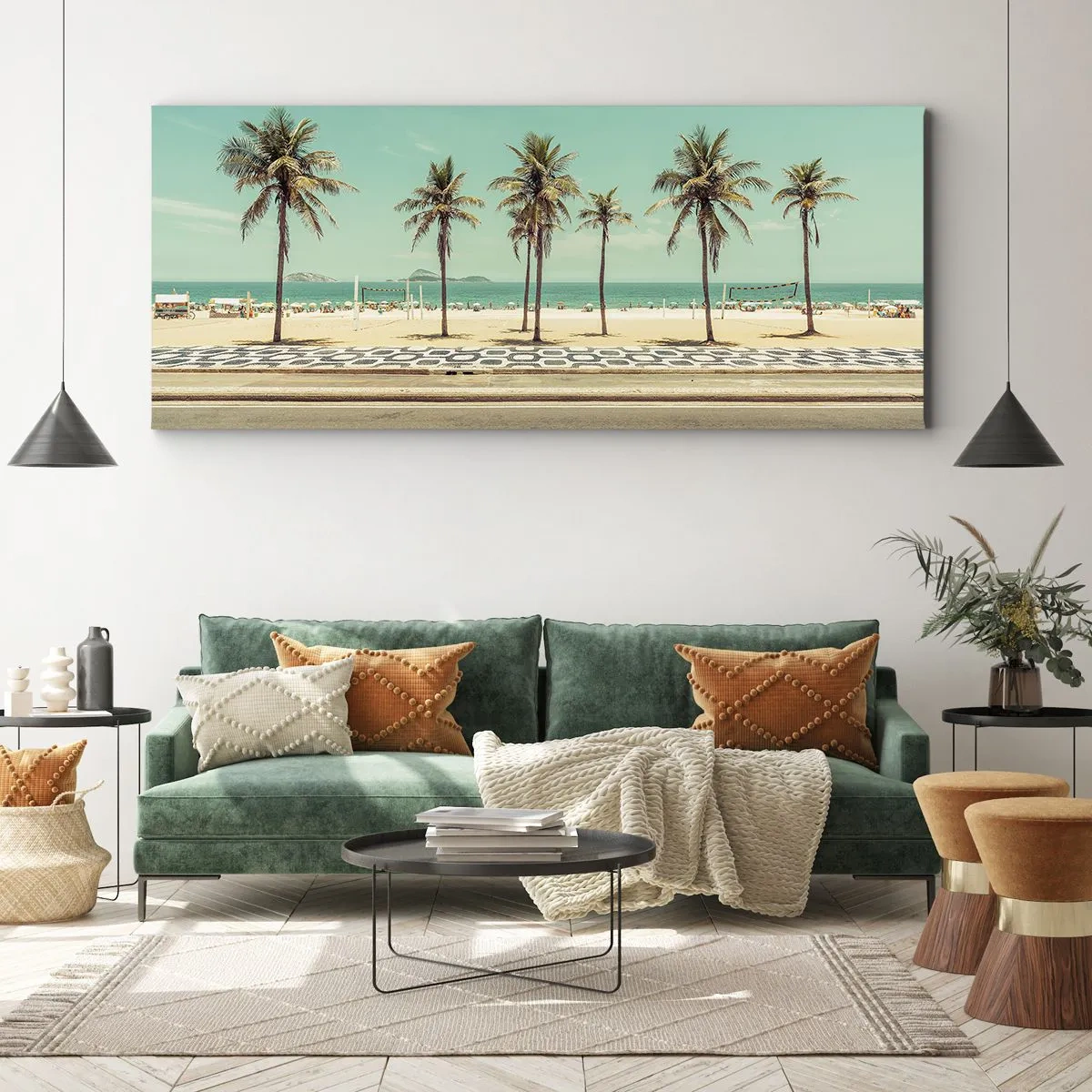 Bild auf Leinwand - Leinwandbild - Palmen am Strand mit Blick auf das Meer und den blauen Himmel - 140x50cm - Beim Bewachen des Strandes - Moderne Wanddekoration für Wohnzimmer und Schlafzimmer ARTTOR