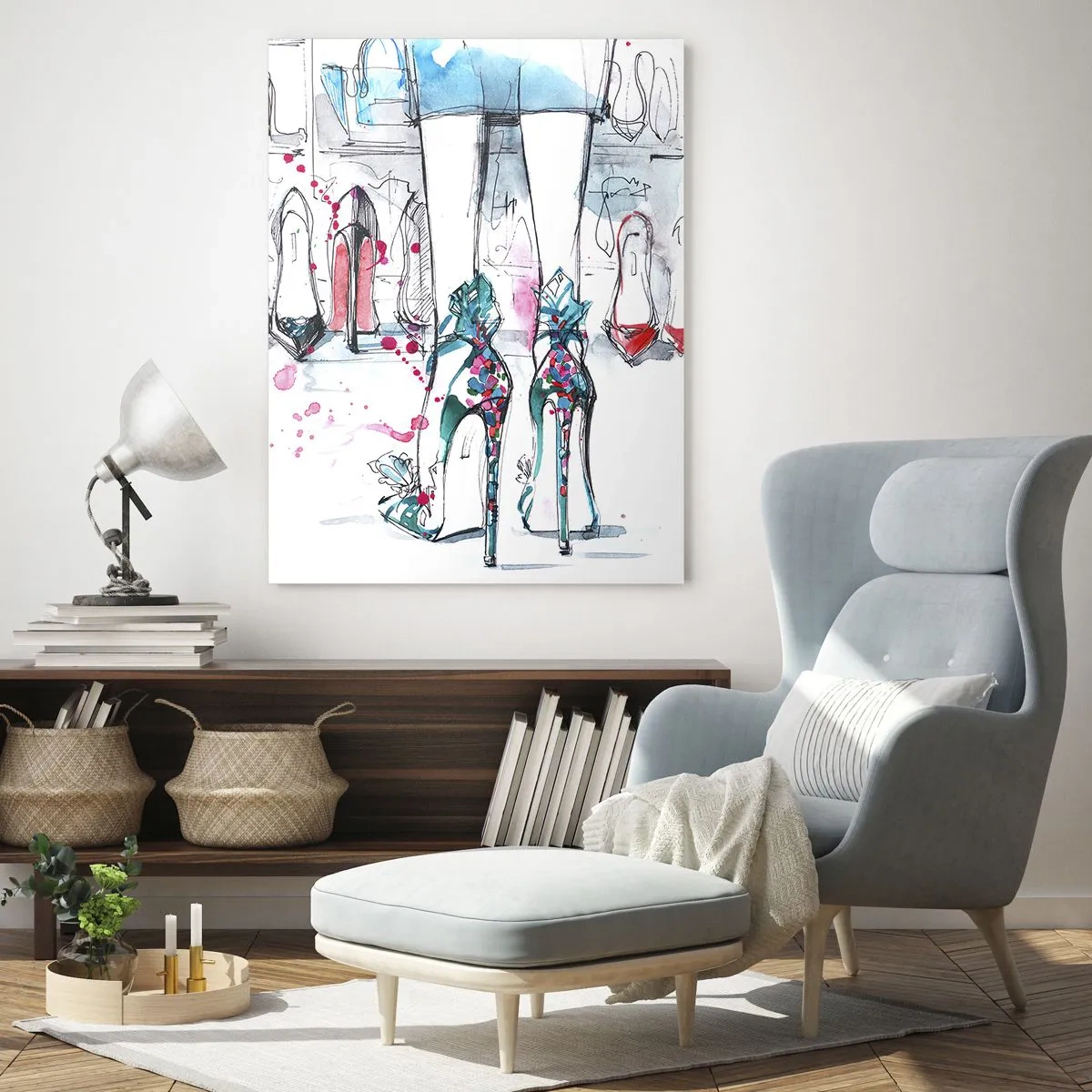 Glasbild - Bild auf glas - Illustration von eleganten High Heels in einem Geschäft - 50x70cm - Sesam, mach auf - Moderne Wanddekoration für Wohnzimmer und Schlafzimmer ARTTOR