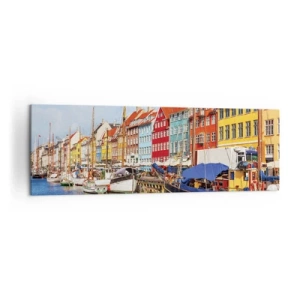 Bild auf Leinwand - Leinwandbild - Bunte Häuser am Kanal mit Booten in der Sonne - 160x50cm - Fröhlicher Kai - Moderne Wanddekoration für Wohnzimmer und Schlafzimmer ARTTOR