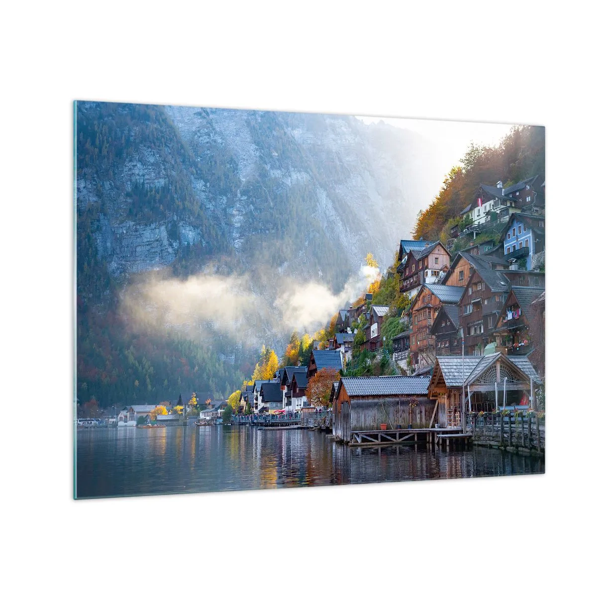 Glasbild - Bild auf glas - Ein Herbstmorgen in einer Bergstadt an einem See - 70x50cm - Alpenatmosphäre - Moderne Wanddekoration für Wohnzimmer und Schlafzimmer ARTTOR