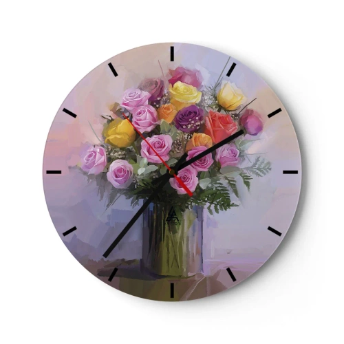 Wanduhr - Glasuhr - Ein Strauß Rosen in einer bunten Vase auf pastellfarbenem Hintergrund - 30x30cm - Festgehaltene Schönheit - Moderne Wanddekoration für Wohnzimmer, Küche und Schlafzimmer ARTTOR