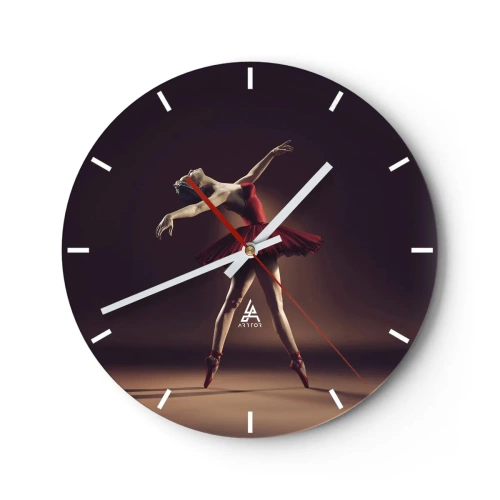 Wanduhr - Glasuhr - Eine Ballerina im roten Kleid in dynamischer Pose - 30x30cm - Eine Primaballerina - Moderne Wanddekoration für Wohnzimmer, Küche und Schlafzimmer ARTTOR