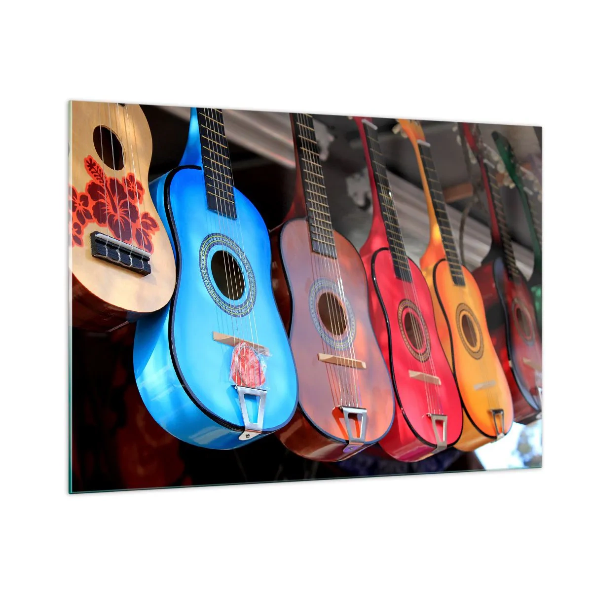 Glasbild - Bild auf glas - Bunte Gitarren hängen in einer Reihe auf dem Display - 100x70cm - Lateinische Atmosphäre - Moderne Wanddekoration für Wohnzimmer und Schlafzimmer ARTTOR