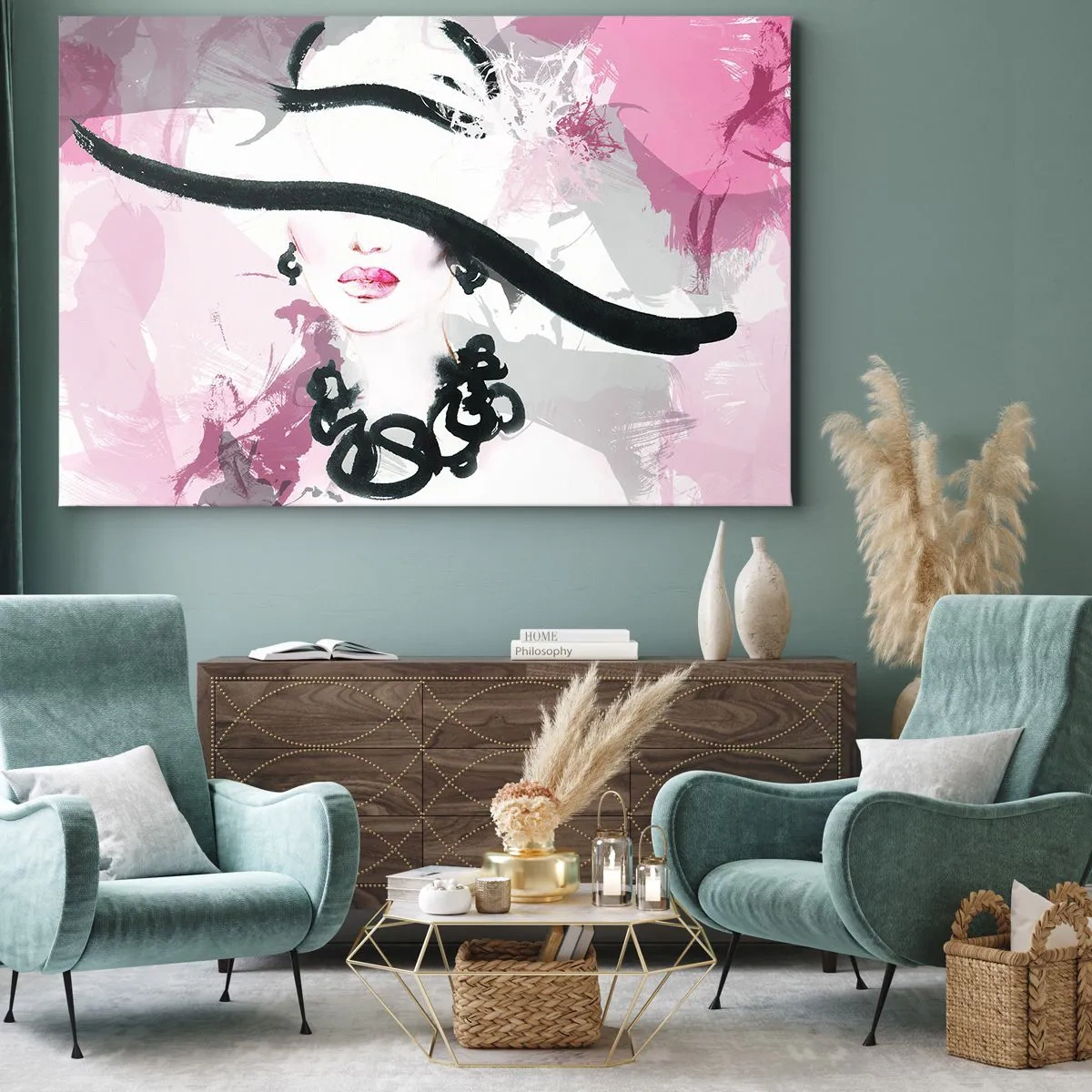 Bild auf Leinwand - Leinwandbild - Eine elegante Frau mit Hut vor einem Hintergrund aus rosa Abstraktionen. - 70x50cm - Bildnis einer Dame in Schwarz und Pink - Moderne Wanddekoration für Wohnzimmer und Schlafzimmer ARTTOR
