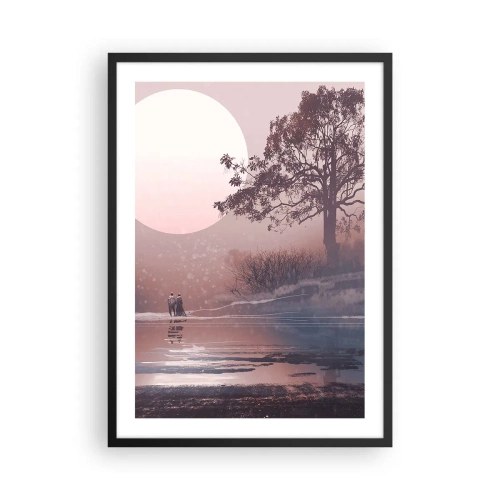 Poster in einem schwarzem Rahmen - Romantische Landschaft mit Mond und Baum am Wasser - 50x70cm - Wunder der Nacht - Moderne Wanddekoration für Wohnzimmer und Schlafzimmer ARTTOR