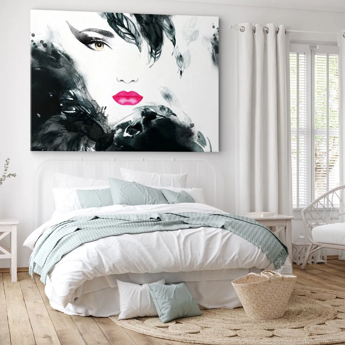 Bild auf Leinwand - Leinwandbild - Künstlerisches Porträt einer Frau mit intensiv rosa Lippen - 70x50cm - Beachtung! Femme fatale - Moderne Wanddekoration für Wohnzimmer und Schlafzimmer ARTTOR