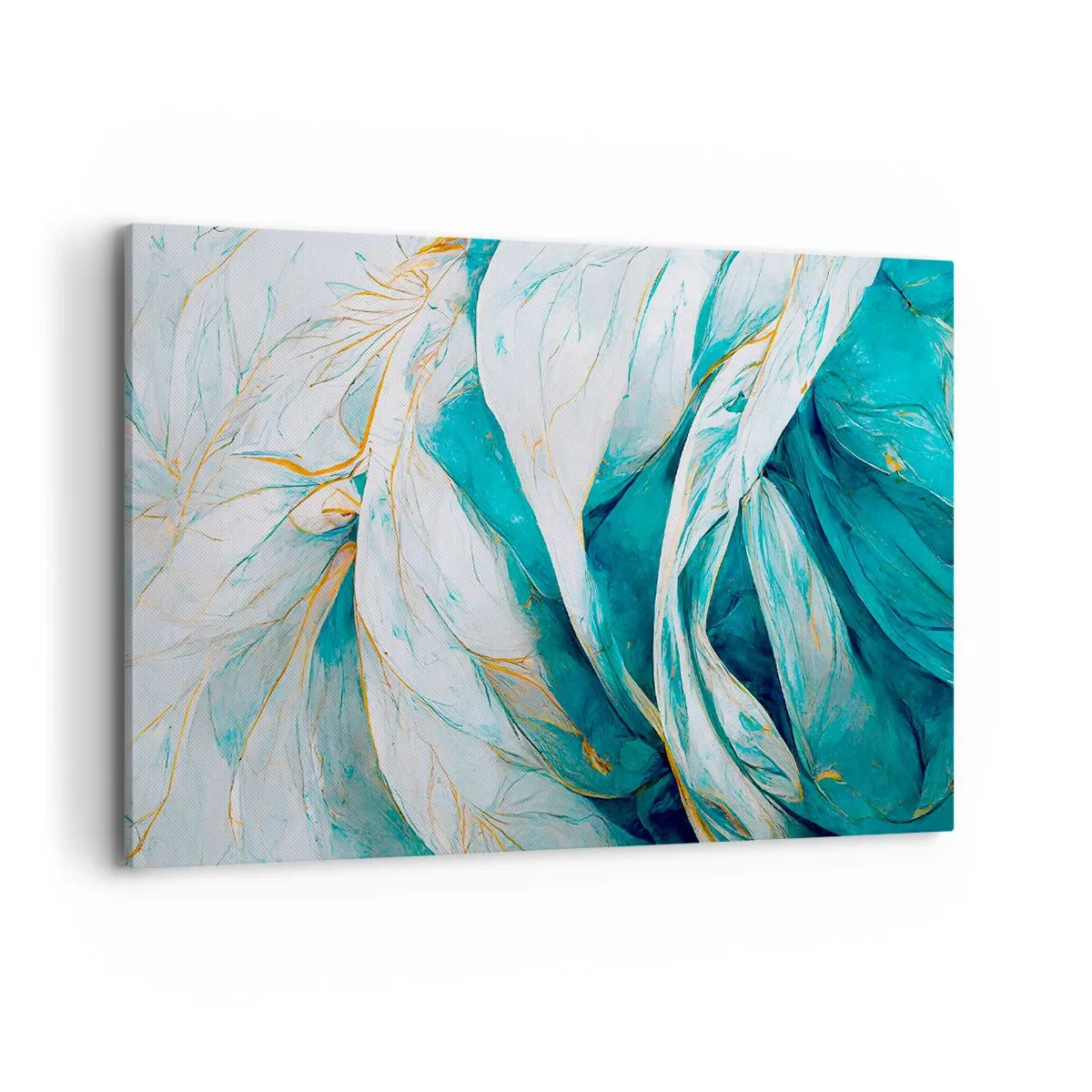 Bild auf Leinwand - Leinwandbild - Abstrakte blaue Blätter mit goldenen Details - 120x80cm - Blaue Abstraktion mit goldenem Motiv - Moderne Wanddekoration für Wohnzimmer und Schlafzimmer ARTTOR