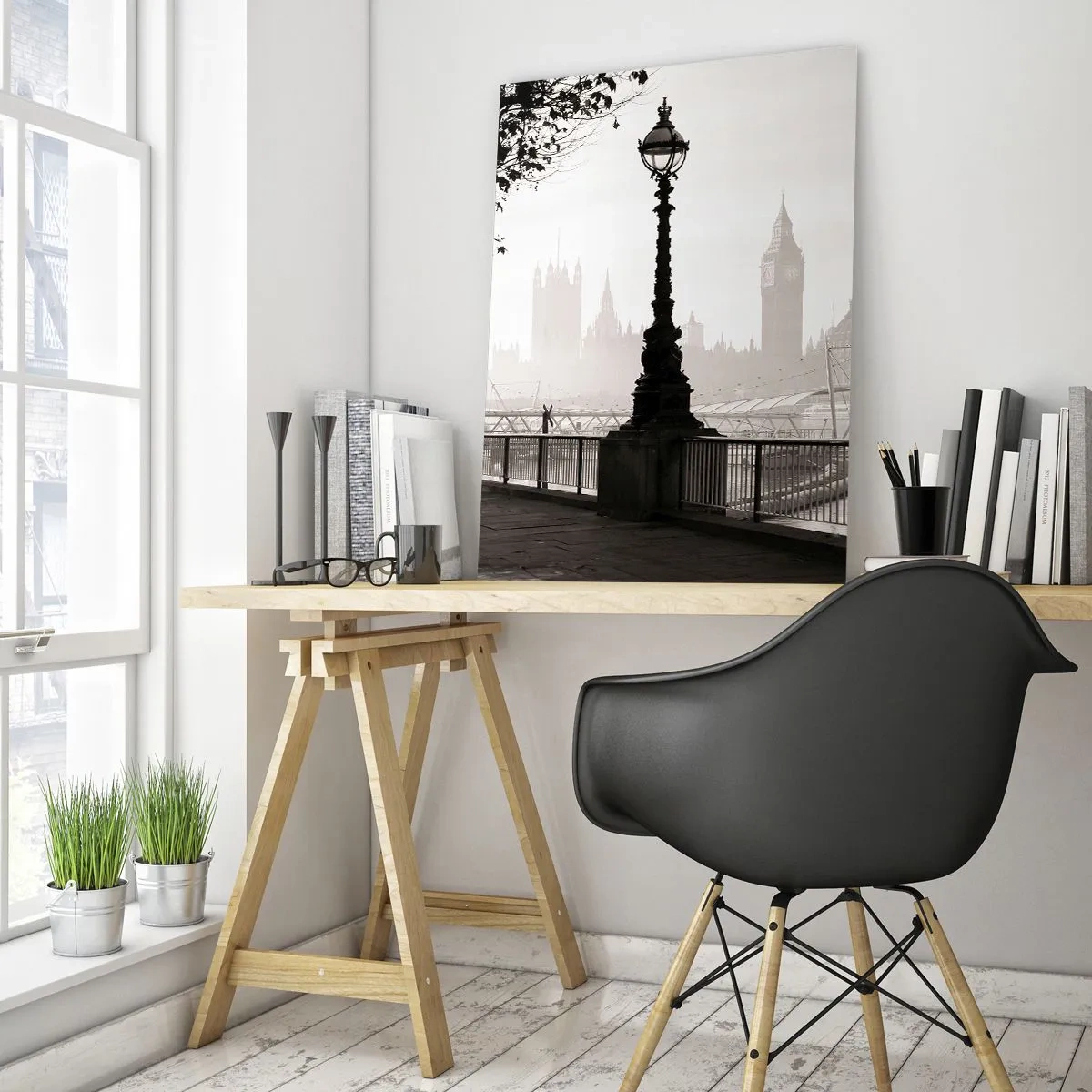 Glasbild - Bild auf glas - Schwarz-Weiß-Fotografie der Londoner Promenade mit Big Ben - 50x70cm - Londoner Morgen - Moderne Wanddekoration für Wohnzimmer und Schlafzimmer ARTTOR