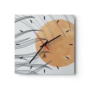 Wanduhr - Glasuhr - Abstrakte Grashalme vor dem Hintergrund einer großen orangefarbenen Sonne - 30x30cm - Immer der Sonne entgegen - Moderne Wanddekoration für Wohnzimmer und Schlafzimmer ARTTOR