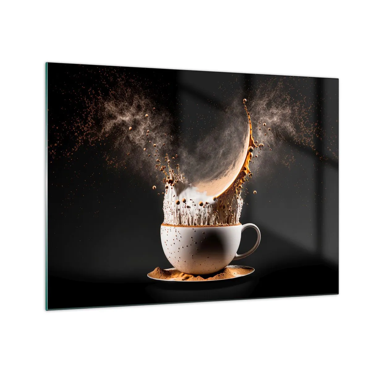 Glasbild - Bild auf glas - Kaffee mit Milch in einer dynamischen Aufnahme spritzen - 70x50cm - Geschmacksexplosion - Moderne Wanddekoration für Wohnzimmer und Schlafzimmer ARTTOR