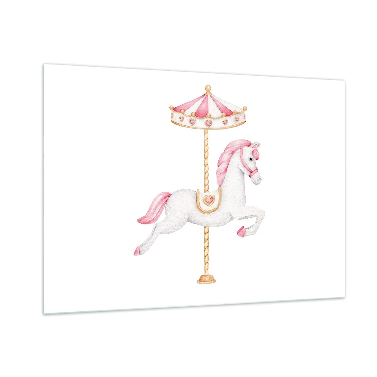 Glasbild - Bild auf glas - Rosa und weißes Karussellpferd auf weißem Hintergrund - 100x70cm - Er legte los - Moderne Wanddekoration für Wohnzimmer und Schlafzimmer ARTTOR