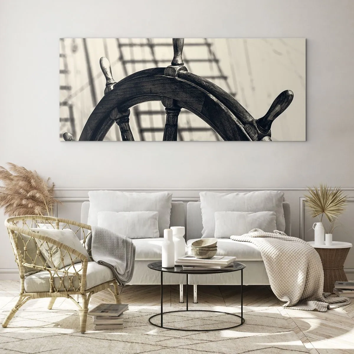 Glasbild - Bild auf glas - Ein Segelruder im Retro-Stil mit einem Schiff im Hintergrund - 140x50cm - Meeresgeschichten - Moderne Wanddekoration für Wohnzimmer und Schlafzimmer ARTTOR
