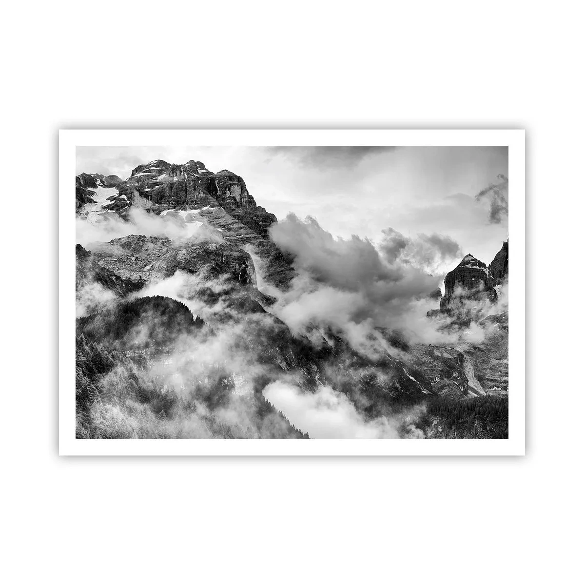Poster - Schwarz-Weiß-Ansicht der von Wolken umgebenen Berge - 100x70cm - Schön und grausam - Moderne Wanddekoration für Wohnzimmer und Schlafzimmer ARTTOR