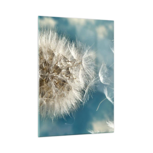 Glasbild - Bild auf glas - Ein zarter Löwenzahn vor dem Himmel mit schwebenden Samen - 50x70cm - Engelsatem - Moderne Wanddekoration für Wohnzimmer und Schlafzimmer ARTTOR