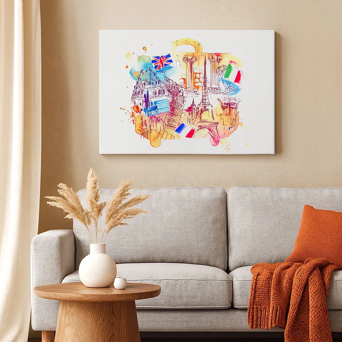 Bild auf Leinwand - Leinwandbild - Aquarell europäischer Symbole mit Länderflaggen - 70x50cm - Europa Tour - Moderne Wanddekoration für Wohnzimmer und Schlafzimmer ARTTOR