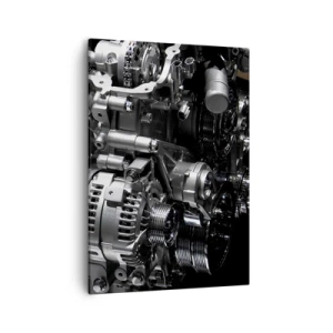 Bild auf Leinwand - Leinwandbild - Nahaufnahme von metallischen Motorteilen auf schwarzem Hintergrund - 50x70cm - Stahl, schön, stark - Moderne Wanddekoration für Wohnzimmer und Schlafzimmer ARTTOR