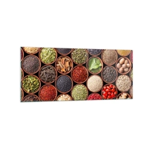 Glasbild - Bild auf glas - Bunte Gewürze in runden Behältern - 120x50cm - Alle Aromen der Welt - Moderne Wanddekoration für Wohnzimmer und Schlafzimmer ARTTOR